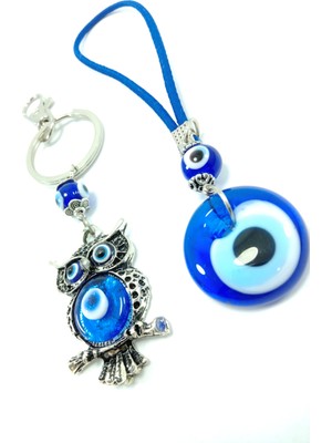 Helis Nazar Boncuğu Baykuş Metal Anahtarlık + Araba Dikiz Ayna Süsü El Yapımı Cam Dekoratif Set