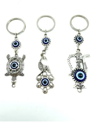 Helis Nazar Boncuğu Tavus Kuşu+ Kaplumbağa+ Testi Metal Anahtarlık Üçlü Set