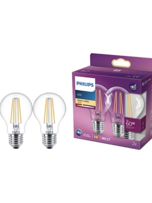 Philips 7W=60W Rustik Flament LED Ampul (2li Paket) 2700K-SARI IŞIK/806LUMEN