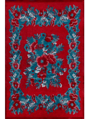 Rugs Modern karabağ Kırmızı Mavi Çiçek Desenli Dekoratif Dokuma Taban Halı Mira 1261