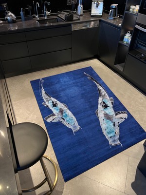 Rugs Modern kobalt Mavi Balık Figürlü Dekoratif Dokuma Taban Halı Mira 1258