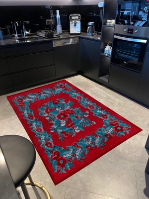 Rugs Modern karabağ Kırmızı Mavi Çiçek Desenli Dekoratif Dokuma Taban Halı Mira 1261