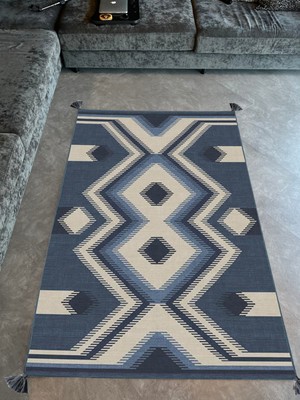 Rugs Modern mira 1179 Mavi Lacivert Ikat  Etnik Desenli Püsküllü Dokuma Taban  Halı