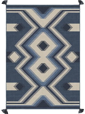 Rugs Modern mira 1179 Mavi Lacivert Ikat  Etnik Desenli Püsküllü Dokuma Taban  Halı