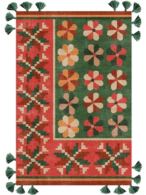 Rugs Modern mira 1148 Pembe Yeşil  Renk Etnik Çiçek Tema Saçaklı Dokuma Taban Halı