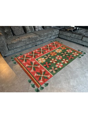 Rugs Modern mira 1148 Pembe Yeşil  Renk Etnik Çiçek Tema Saçaklı Dokuma Taban Halı