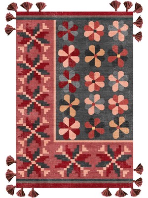 Rugs Modern mira 1146 Vişne Çürüğü Bordo ve Mavi Renk Etnik Çiçek Tema Saçaklı Dokuma Taban Halı