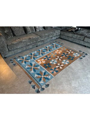 Rugs Modern mira 1144 Kahve Turkuaz  Etnik Çiçek Temalı Saçaklı Dokuma Taban Halı