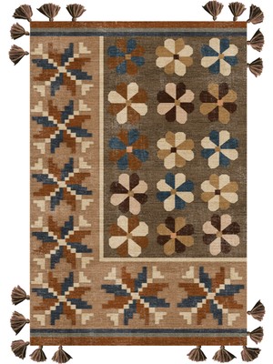 Rugs Modern mira 1147 Taba Kahve ve Mavi Renk Etnik Çiçek Tema Saçaklı Dokuma Taban Halı