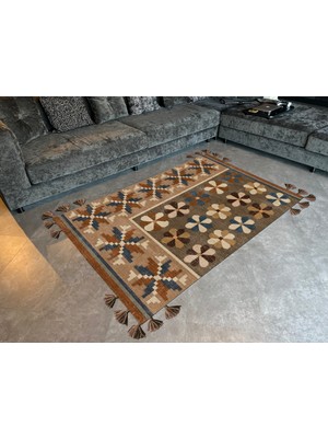 Rugs Modern mira 1147 Taba Kahve ve Mavi Renk Etnik Çiçek Tema Saçaklı Dokuma Taban Halı