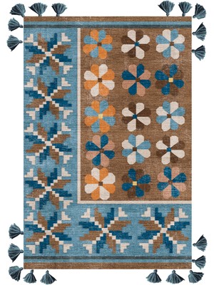 Rugs Modern mira 1144 Kahve Turkuaz  Etnik Çiçek Temalı Saçaklı Dokuma Taban Halı