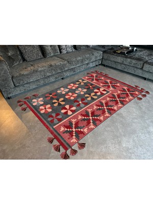 Rugs Modern mira 1146 Vişne Çürüğü Bordo ve Mavi Renk Etnik Çiçek Tema Saçaklı Dokuma Taban Halı