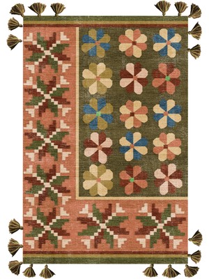 Rugs Modern mira 1142 Haki Kiremit Mavi Etnik Çiçek Temalı Saçaklı Dokuma Taban Halı