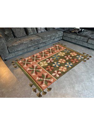 Rugs Modern mira 1142 Haki Kiremit Mavi Etnik Çiçek Temalı Saçaklı Dokuma Taban Halı