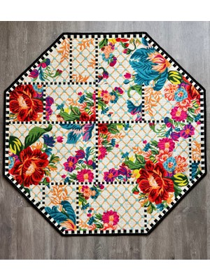 Rugs Modern Mira 886 Beyaz Çiçekli Floret Damalı Sekizgen Halı