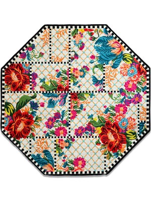 Rugs Modern Mira 886 Beyaz Çiçekli Floret Damalı Sekizgen Halı