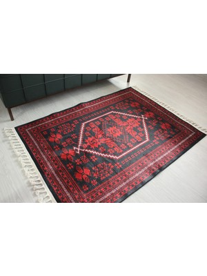 Rugs Modern Mira Pasha 2018 Vintage Görünüm Siyah Kırmızı Saçaklı Halı