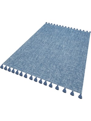 Rugs Modern Moroccan 9007 Mavi Renkli Hasır Görünüm Mavi Püsküllü Modern Kilim