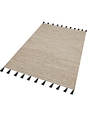 Rugs Modern Moroccan 9005 Siyah Püsküllü Kum Beji Bohomian ve Modern Kilim