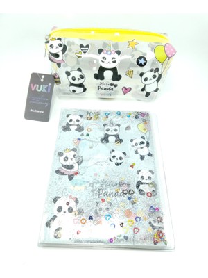 Helis Hediyelik Kırtasiye Seti A5 Boy Simli/sulu Şeffaf Panda Temalı Defter + Şeffaf Kalemlik Set