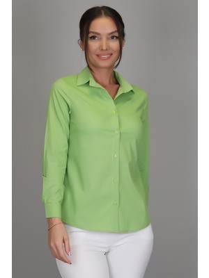 Sweetness Kadın Fıstık Yeşili Likralı Uzun Kol Pamuklu Klasik Gömlek
