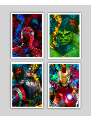 Bi Fabrika Poster Baskı, Spiderman, Kaptan Amerika, Hulk, Iron Man, Çocuk Odası Duvar Dekoru,4'lü Set Baskı