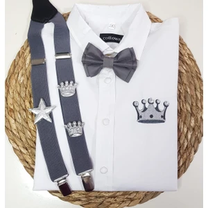 Cool Bebe  Gümüş Kral Taclıaskı Papyon Gömlek