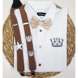 Cool Bebe  Gümüş Kral Taclıaskı Papyon Gömlek