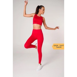Secret Moda Toparlayıcı Dikişsiz Tayt-Crop Top Fitilli Büstiyer Tayt Crop Top Takım Kırmızı