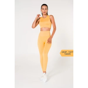 Secret Moda Toparlayıcı Dikişsiz Tayt-Crop Top Fitilli Büstiyer Tayt Crop Top Takım Sarı