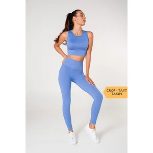 Secret Moda Toparlayıcı Dikişsiz Tayt-Crop Top Fitilli Büstiyer Tayt Crop Top Takım Mavi