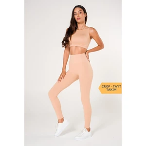 Secret Moda Toparlayıcı Dikişsiz Tayt-Crop Top Fitilli Büstiyer Tayt Crop Top Takım Krem