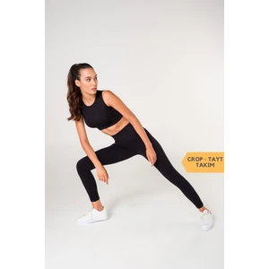 Secret Moda Toparlayıcı Dikişsiz Tayt-Crop Top Fitilli Büstiyer Tayt Crop Top Takım Siyah