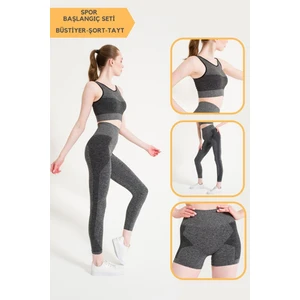 Secret Moda Toparlayıcı Dikişsiz Tayt-Crop Top Fitilli Büstiyer Tayt Crop Top Takım Gri