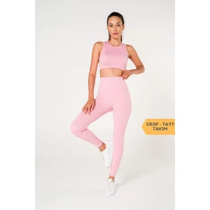Secret Moda Toparlayıcı Dikişsiz Tayt-Crop Top Fitilli Büstiyer Tayt Crop Top Takım Pembe