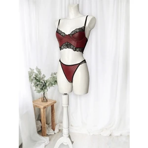 Gece İncisi Dantel Detaylı Deri Büstiyer Takım