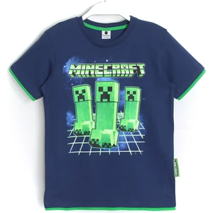 Biye Detaylı Erkek Çocuk Minecraft Creeper Baskılı T-Shirt Lacivert