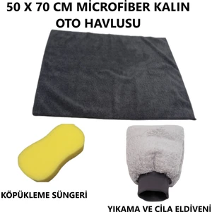 M.Y. Taso Oto Yıkama Araba Kurulama Araç Cam Temizlik 3'lü Mikrofiber Bez Seti ( Havlu - Sünger - Eldiven )
