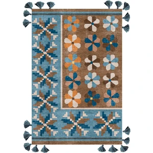 Rugs Modern mira 1144 Kahve Turkuaz  Etnik Çiçek Temalı Saçaklı Dokuma Taban Halı