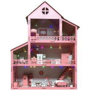 Belinay Çocuk Dünyası Işıklı ve Bahçeli Ahşap Barbie Bebek Oyun Evi Eşyalar Dahil 80CM 36 Eşya Pembe Kumbara Hediyeli Belinay 80CM 36 Eşya