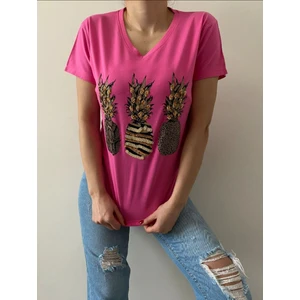 Beri Butik V Yaka Ananas Desenli Pullu Fuşya Tişört