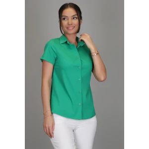 SWEETNESS Kadın Koyu Yeşil Likralı Kısa Kol Pamuklu Klasik Gömlek