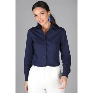 SWEETNESS Kadın Lacivert Likralı Uzun Kol Pamuklu Klasik Gömlek