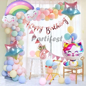 Parti Station Unicorn Kedi Kitty Rakam Konsept 6 Yaş Balon Doğum Günü Set Yaş Balon Set