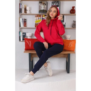 Kabartma Kalp Desenli Günlük  Sweat Jogger Kadın Spor Takım Kırmızı