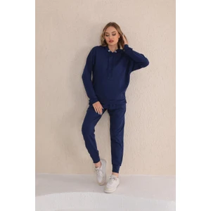 Kabartma Kalp Desenli Günlük  Sweat Jogger Kadın Spor Takım Lacivert