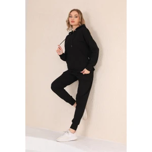 Kabartma Kalp Desenli Günlük  Sweat Jogger Kadın Spor Takım Siyah