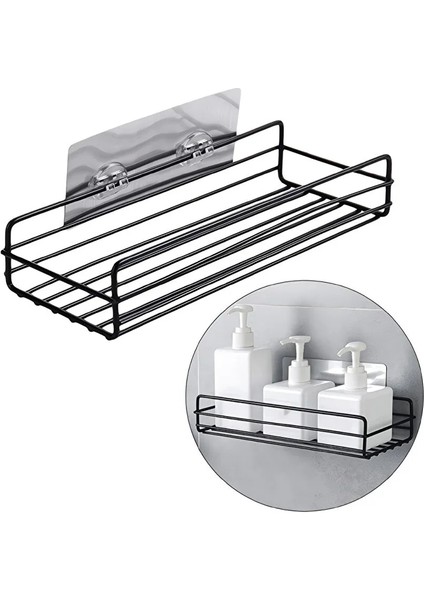 Yapışkanlı Paslanmaz Dikdörtgen Banyo Rafı Mat Siyah