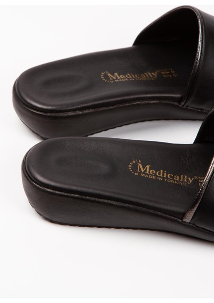 ARTI ARTI AYAKKABI İçi Deri Ortopedik Topuk Dikeni Düzenekli Siyah Platin Terlik modelleri