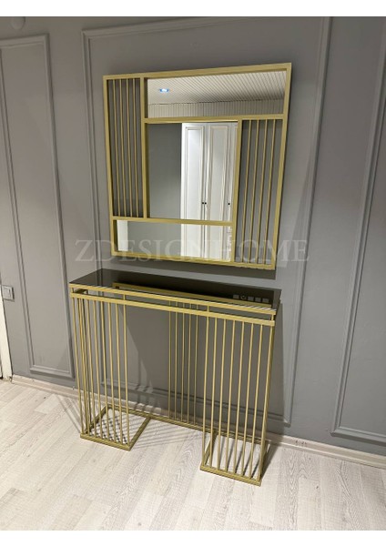 Zdesignhome 90 cm Ayna + 90X30X100 cm Dresuar Gold ( Raf Bronz Aynadır)